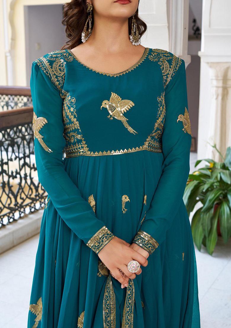 Rama Green Embroidered Georgette Gowns - Indya