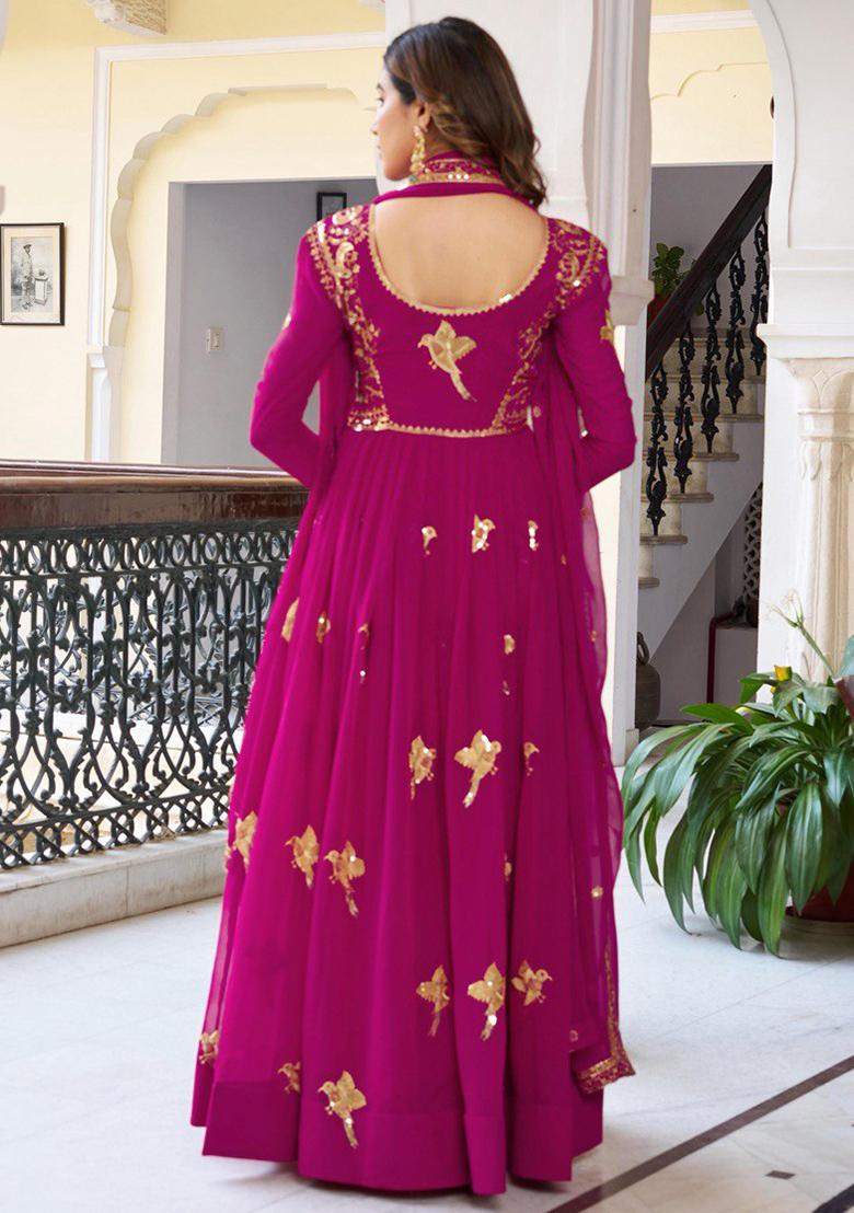 Pink Embroidered Georgette Gowns - Indya