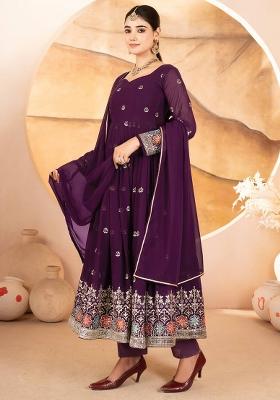 Wine Embroidered Georgette Anarkali Set