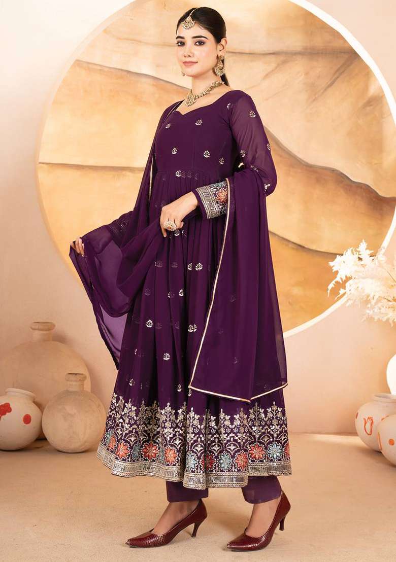 Wine Embroidered Georgette Anarkali With Dupatta - Indya