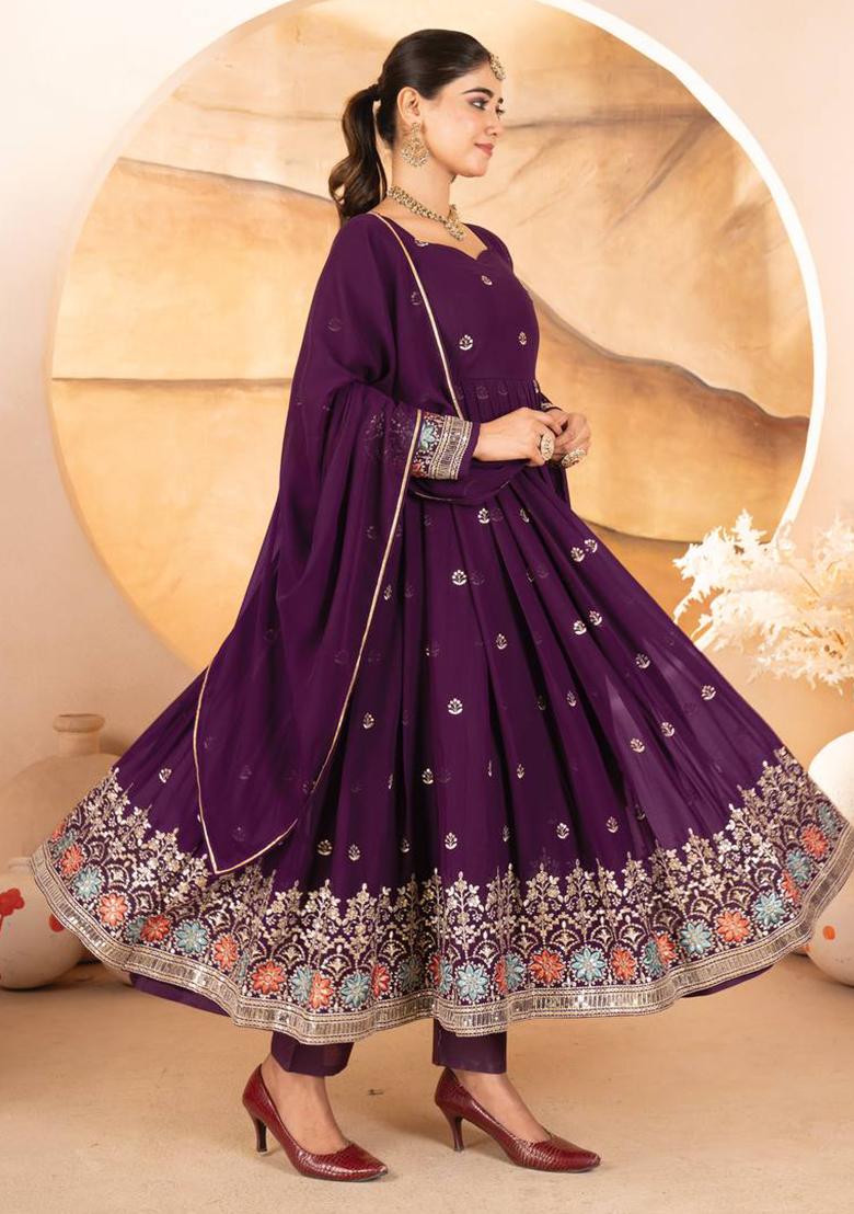 Wine Embroidered Georgette Anarkali Set - Indya