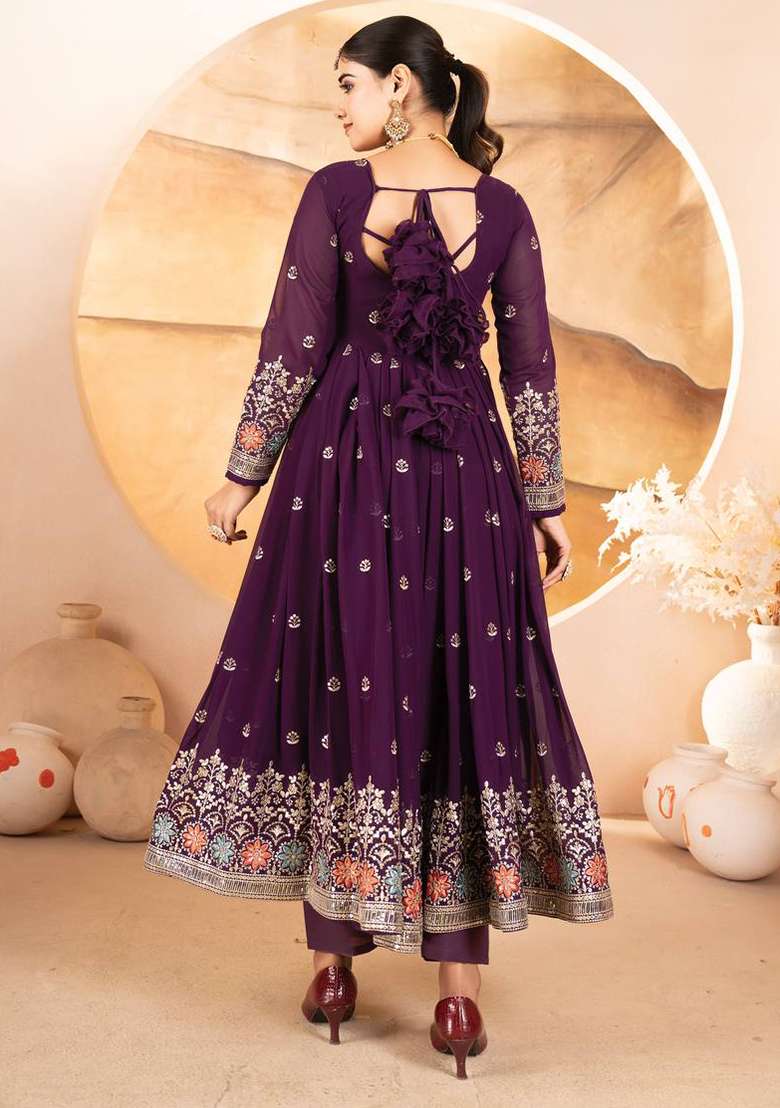 Wine Embroidered Georgette Anarkali With Dupatta - Indya