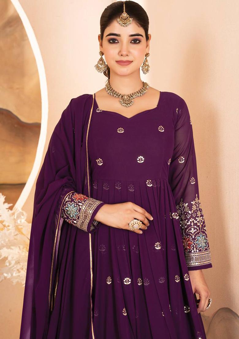 Wine Embroidered Georgette Anarkali Set - Indya