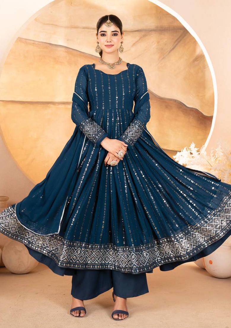Blue Embroidered Georgette Anarkali Set