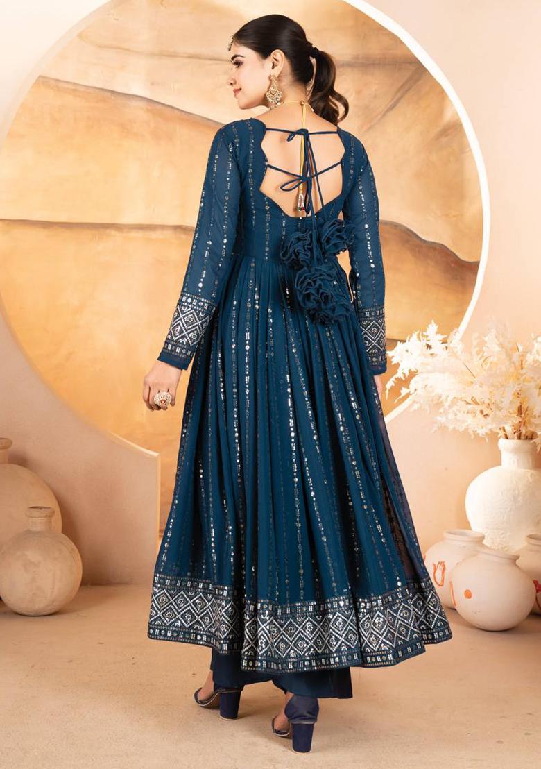 Blue Embroidered Georgette Anarkali Set