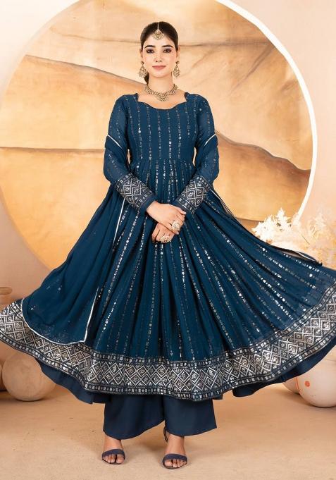 Blue Embroidered Georgette Anarkali Set