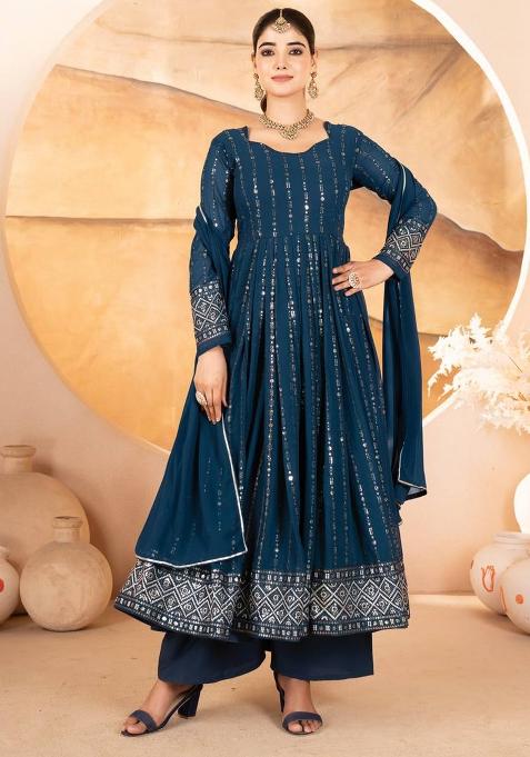 Blue Embroidered Georgette Anarkali Set