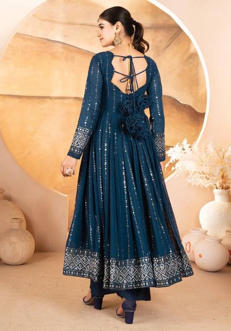 Blue Embroidered Georgette Anarkali Set