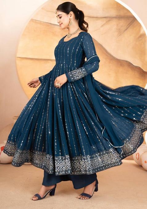Blue Embroidered Georgette Anarkali Set