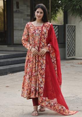 Multi Color Embroidered Muslin Anarkali Set