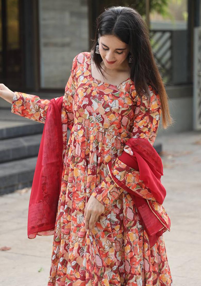 Multi Color Embroidered Muslin Anarkali Set - Indya