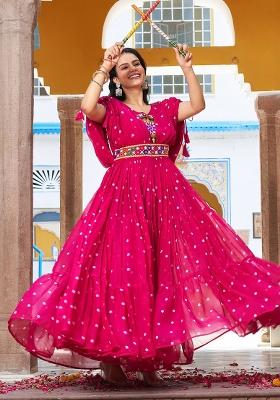 Pink Embroidery With Thread Work Georgette Gown