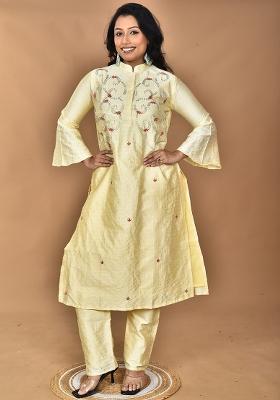 Lemon Yellow Hand Embroidery Cotton Co Ord Set