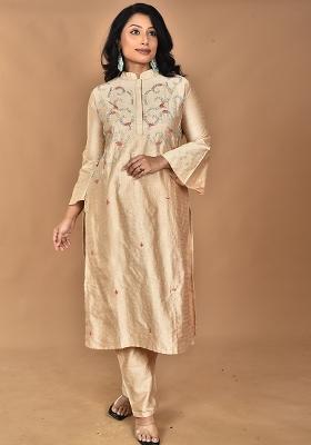 Beige Hand Embroidery Cotton Co Ord Set