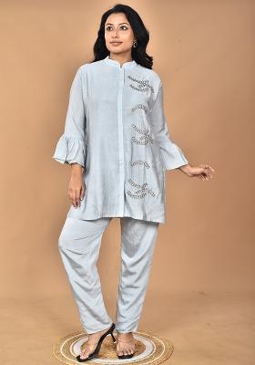Grey Hand Embroidery Chanderi Co Ord Set