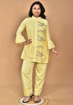 Yellow Hand Embroidery Chanderi Co Ord Set