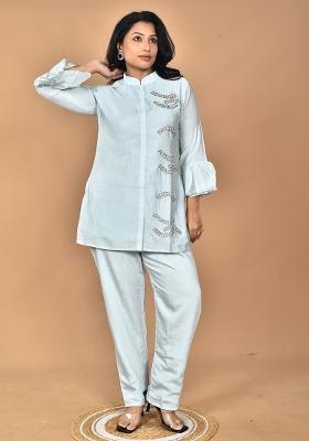 Light Blue Hand Embroidery Chanderi Co Ord Set