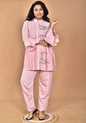 Pink Hand Embroidery Chanderi Co Ord Set