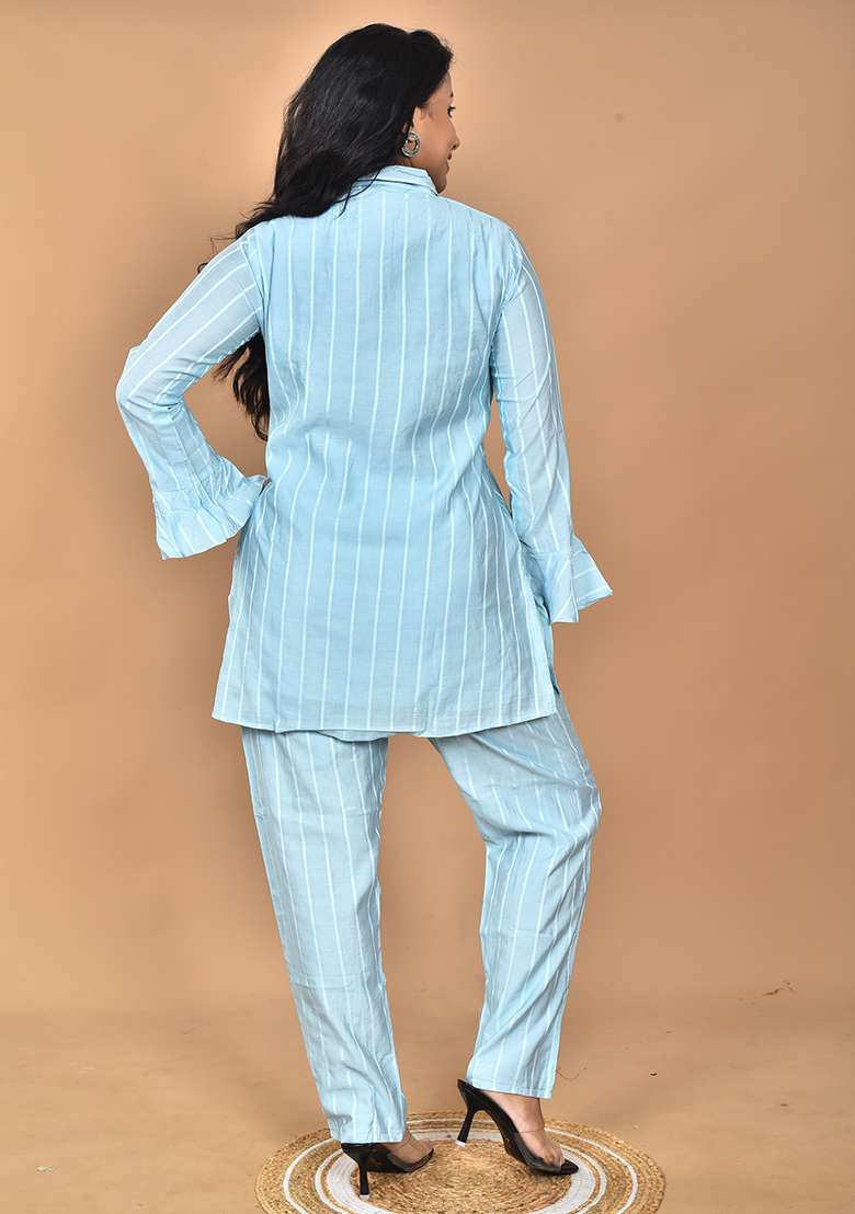 Sky Blue Hand Embroidery Chanderi Co Ord Set - Indya
