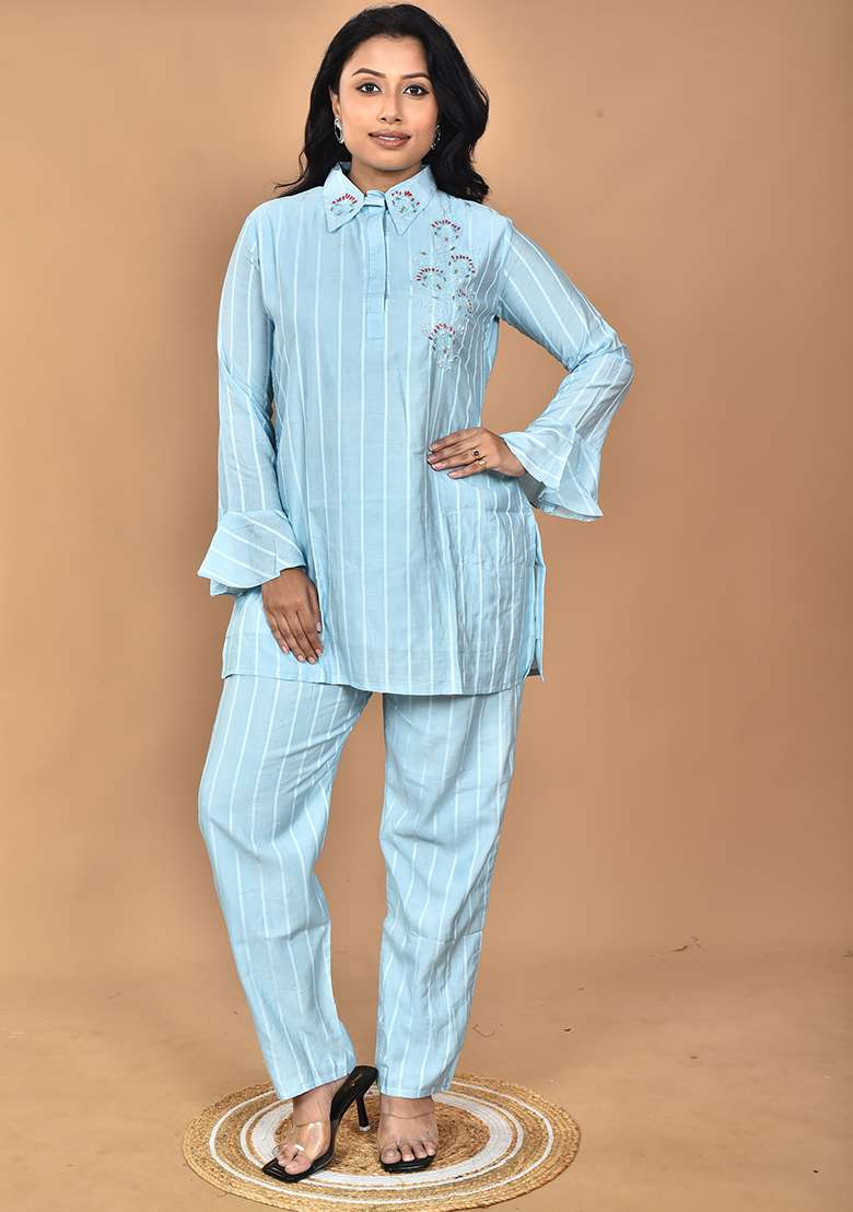 Sky Blue Hand Embroidery Chanderi Co Ord Set - Indya