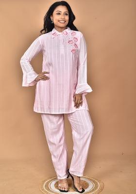 Pink Hand Embroidery Chanderi Co Ord Set