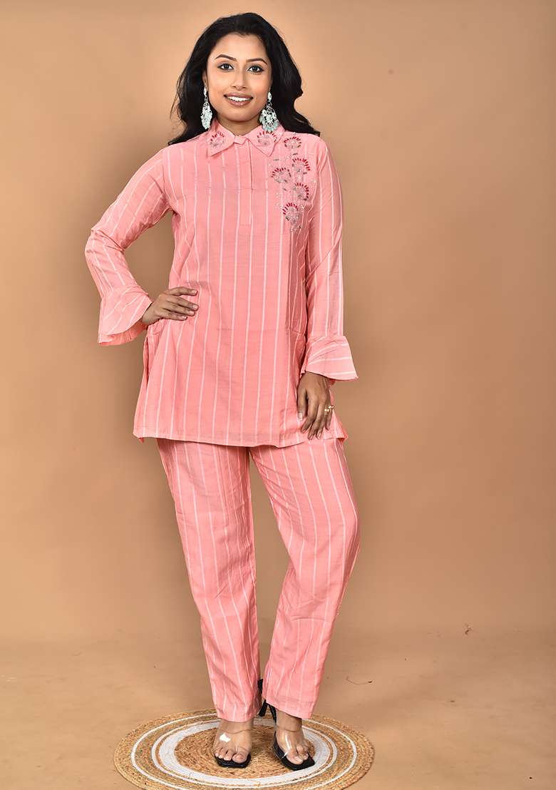 Peach Hand Embroidery Chanderi Co Ord Set - Indya