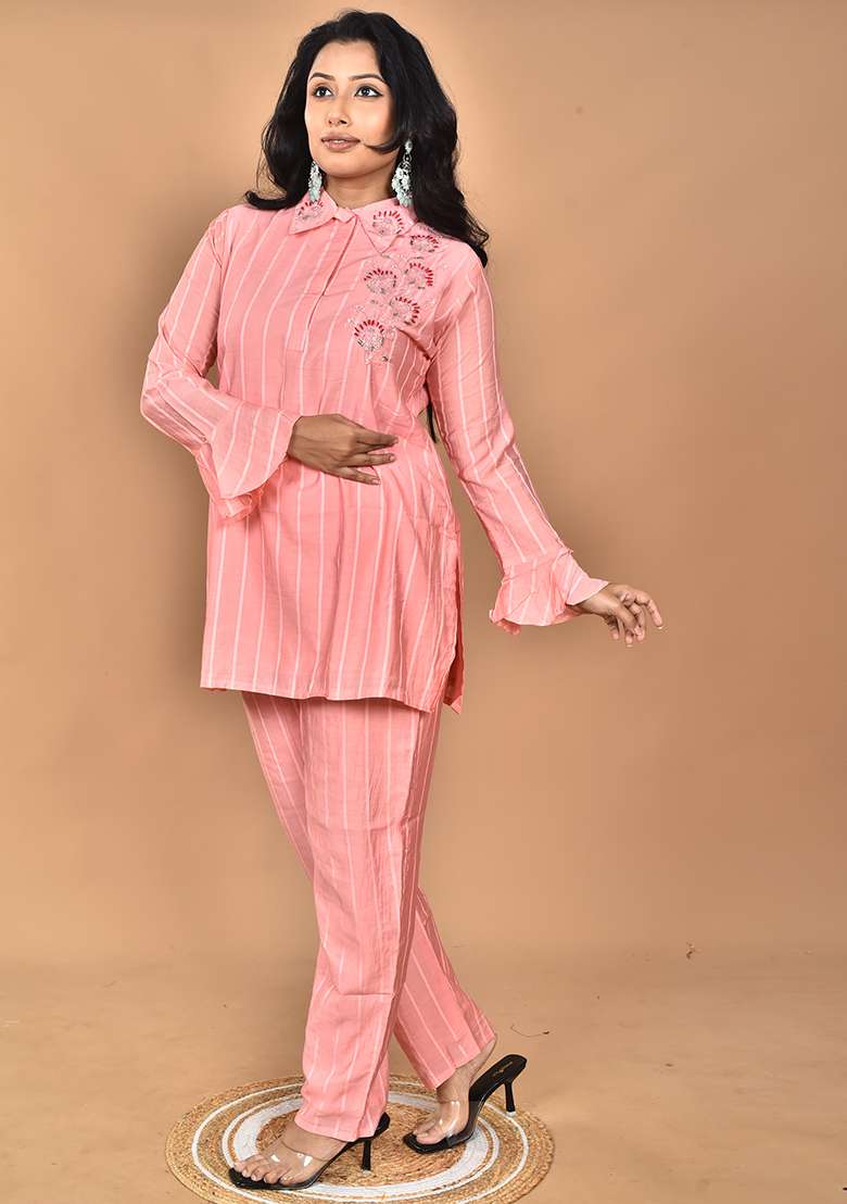 Peach Hand Embroidery Chanderi Co Ord Set - Indya