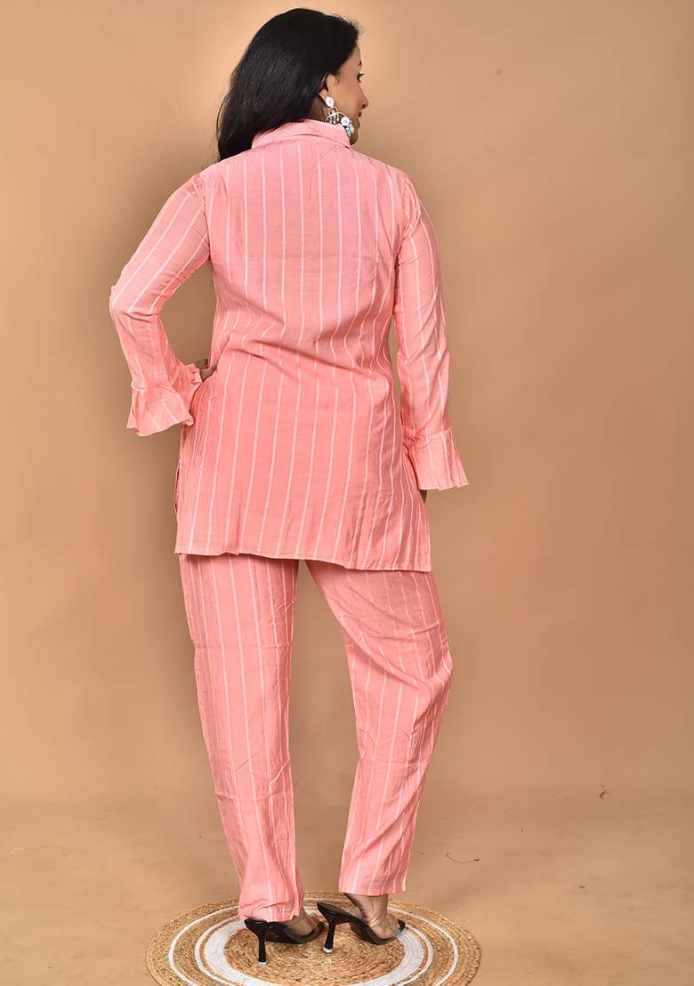 Peach Hand Embroidery Chanderi Co Ord Set - Indya