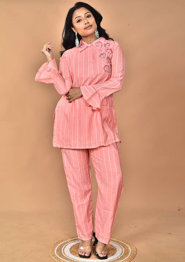 Peach Hand Embroidery Chanderi Co Ord Set - Indya