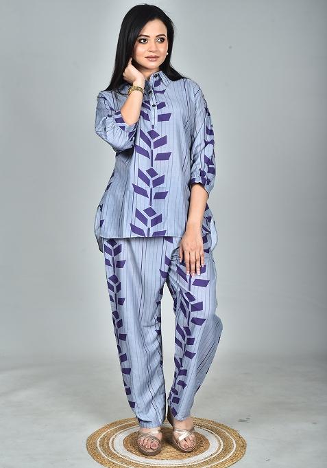 Multicolour Pinted Semi Muslin Co Ord Set