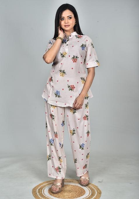Multicolour Pinted Semi Muslin Co Ord Set