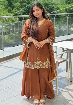 Orange Embroidery Blended Kurta Set