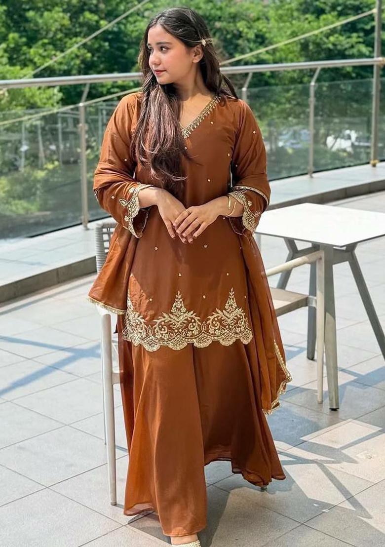 Orange Embroidery Blended Kurta Set - Indya