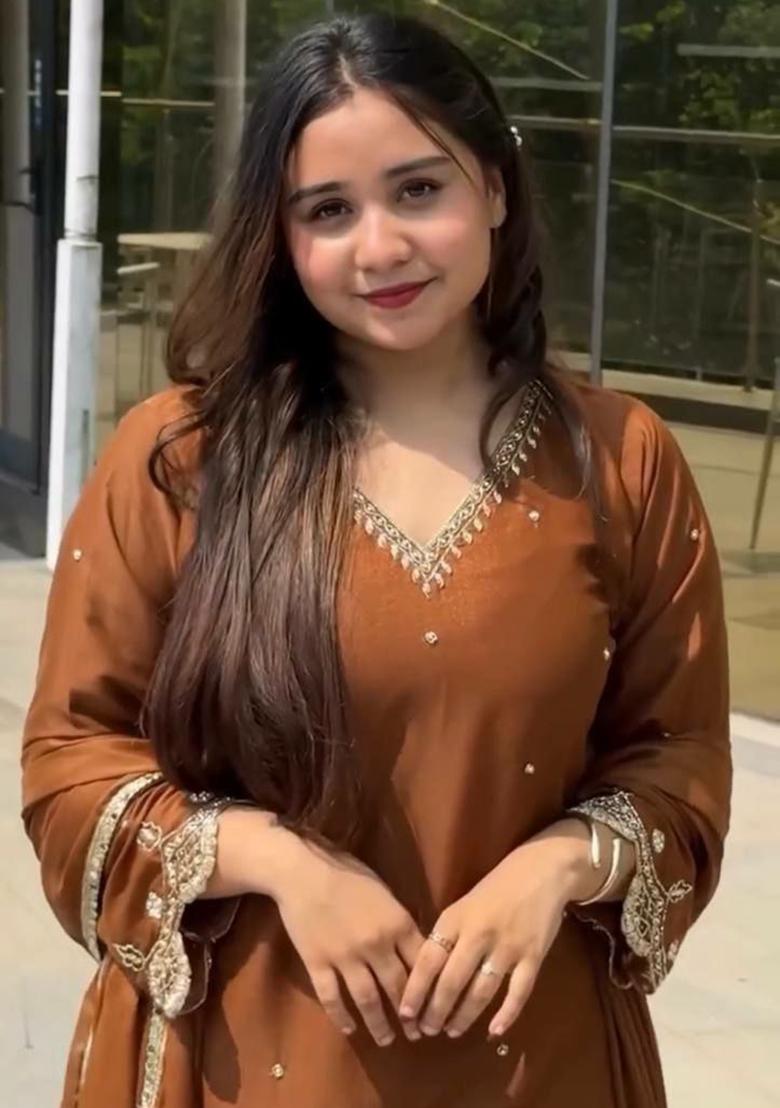 Orange Embroidery Blended Kurta Set - Indya