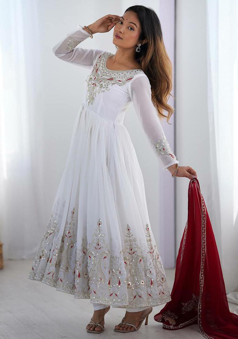 White Embroidery Blended Kurta Set - Indya