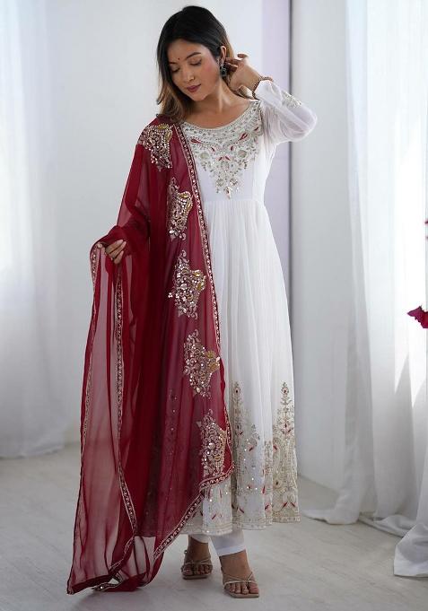 White Embroidery Blended Kurta Set