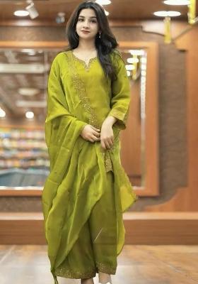 Olive Embroidery Blended Kurta Set