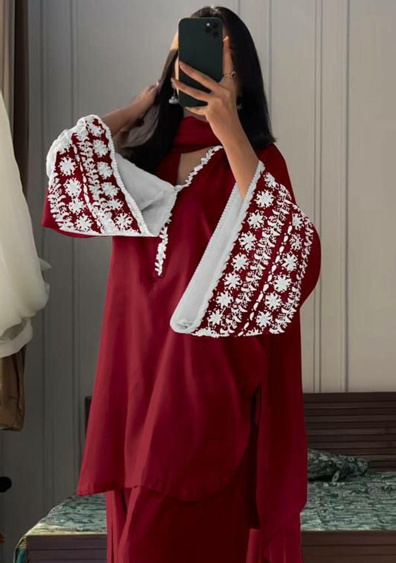 Maroon Embroidery Blended Kurta Set - Indya