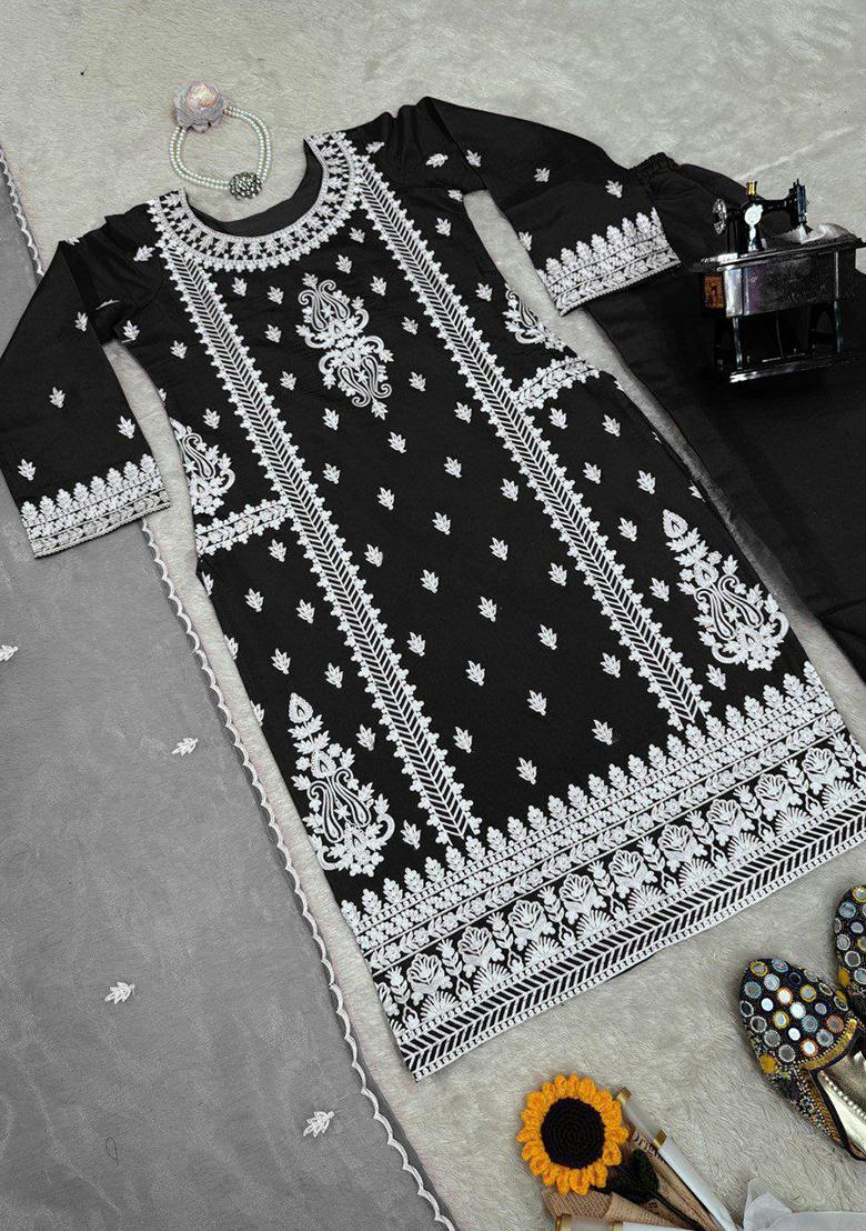 Black Embroidery Blended Kurta Set - Indya