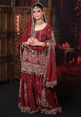 Maroon Embroidery Blended Kurta Set