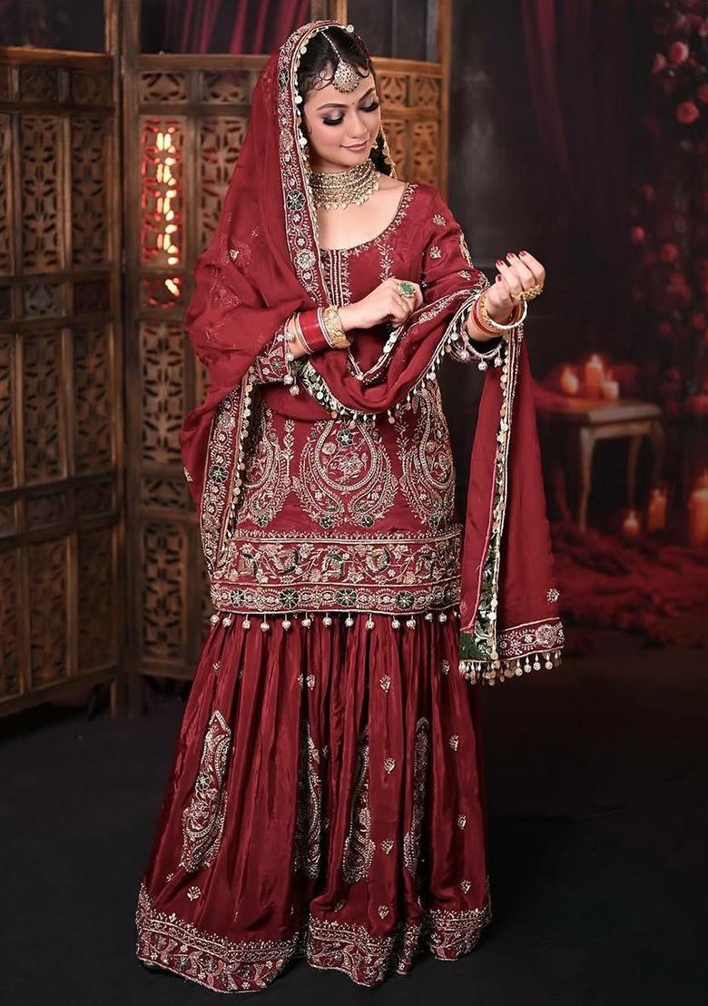 Maroon Embroidery Blended Kurta Set - Indya