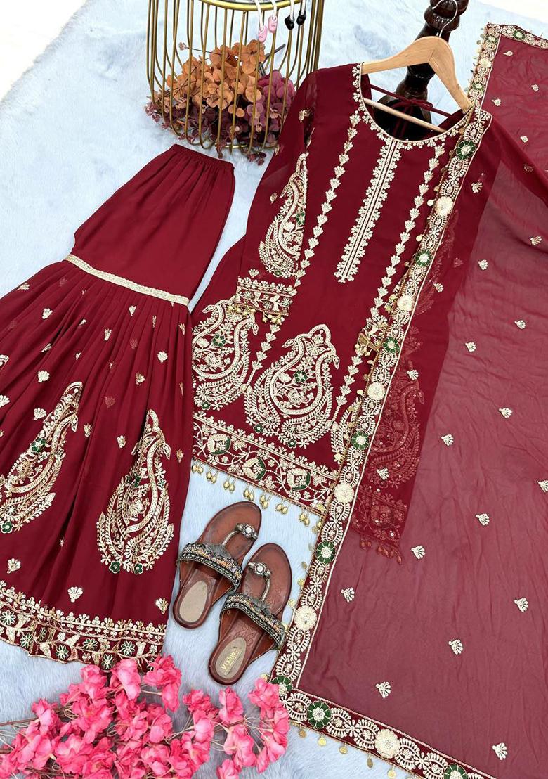 Maroon Embroidery Blended Kurta Set - Indya
