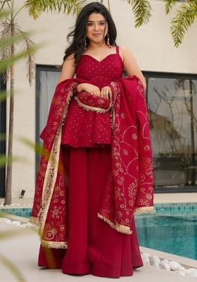 Red Solid Blended Kurta Set