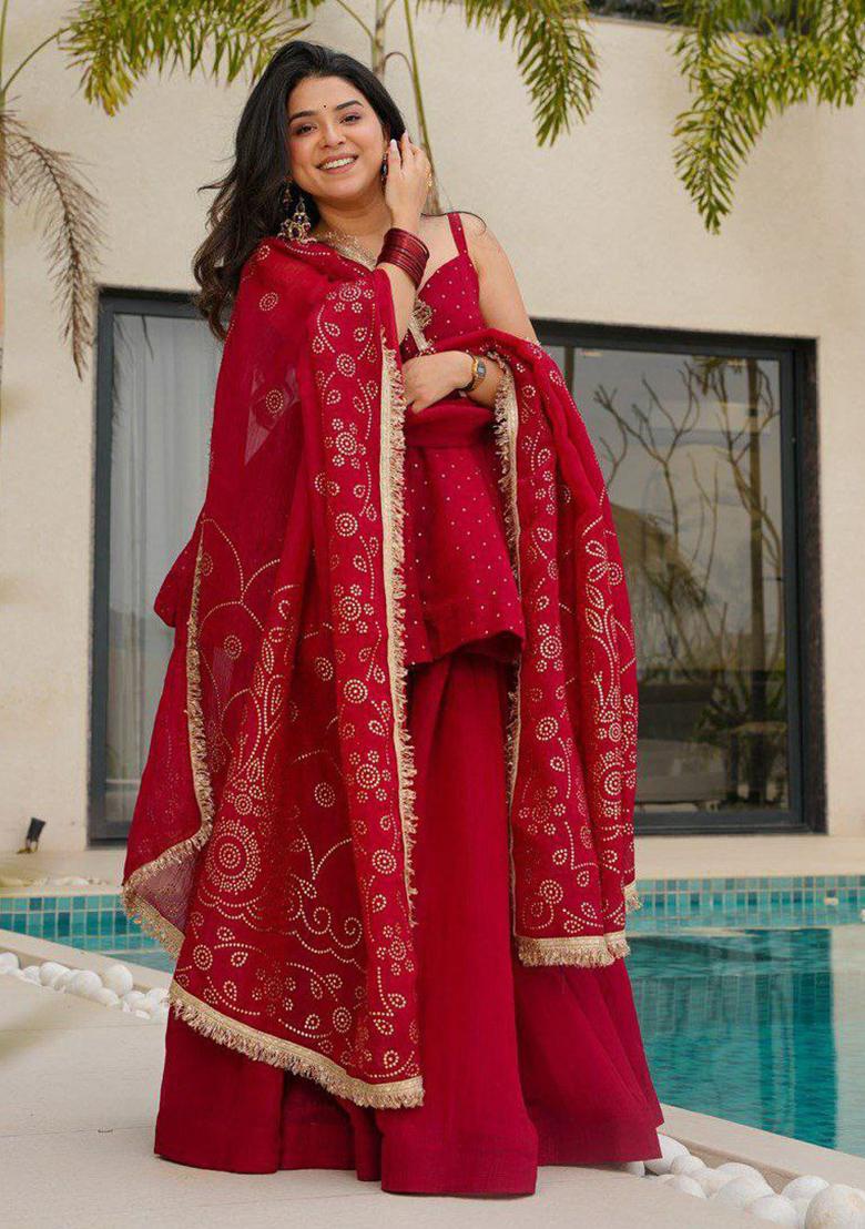Red Solid Blended Kurta Set - Indya