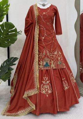 Orange Embroidery Blended Kurta Set