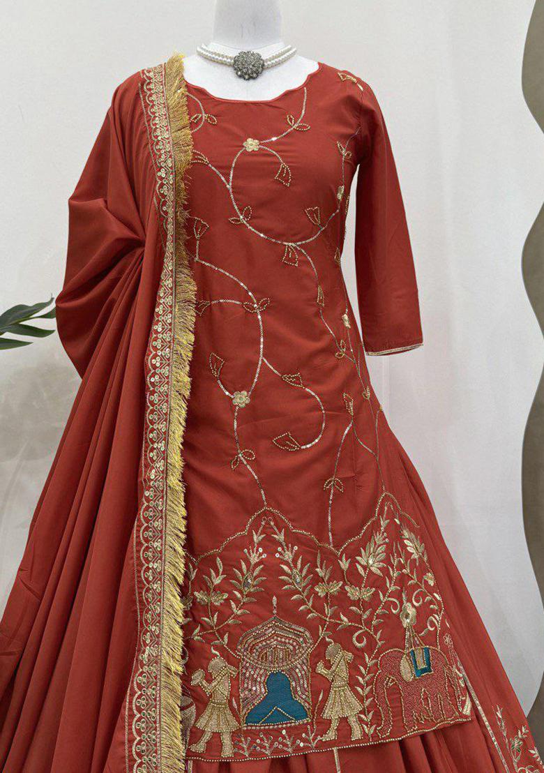 Orange Embroidery Blended Kurta Set - Indya