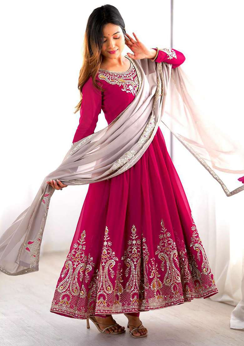 Wine Embroidered Blended Anarkali Set - Indya