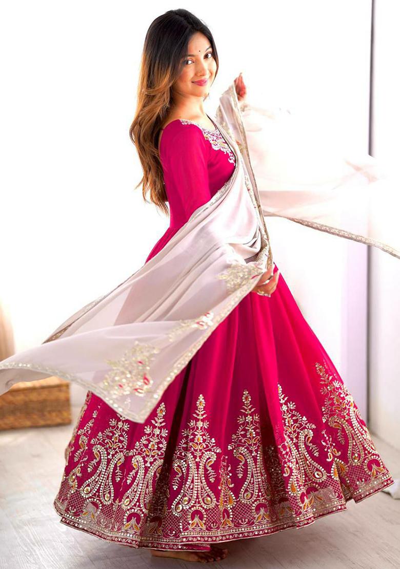 Wine Embroidery Blended Kurta Set - Indya