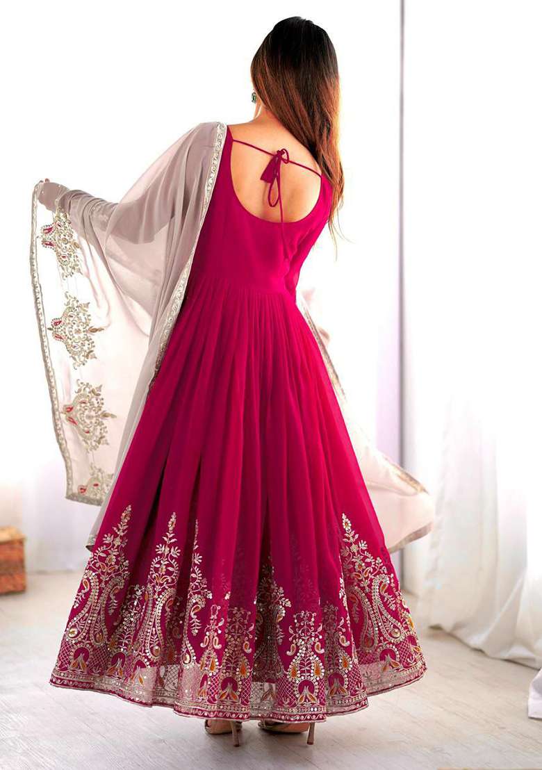 Wine Embroidered Blended Anarkali Set - Indya