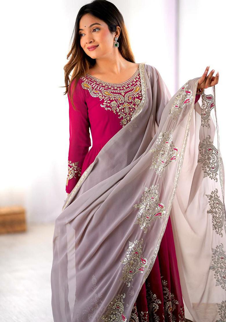 Wine Embroidery Blended Kurta Set - Indya